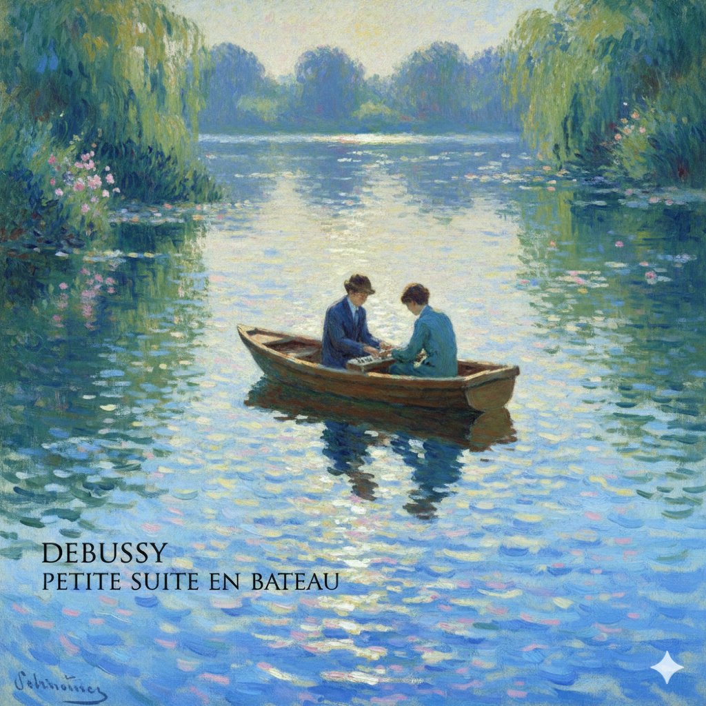 Generate Debussy's 'Petit Suite: En Bateau' in Monet's Style with Color Modification AI image template preview