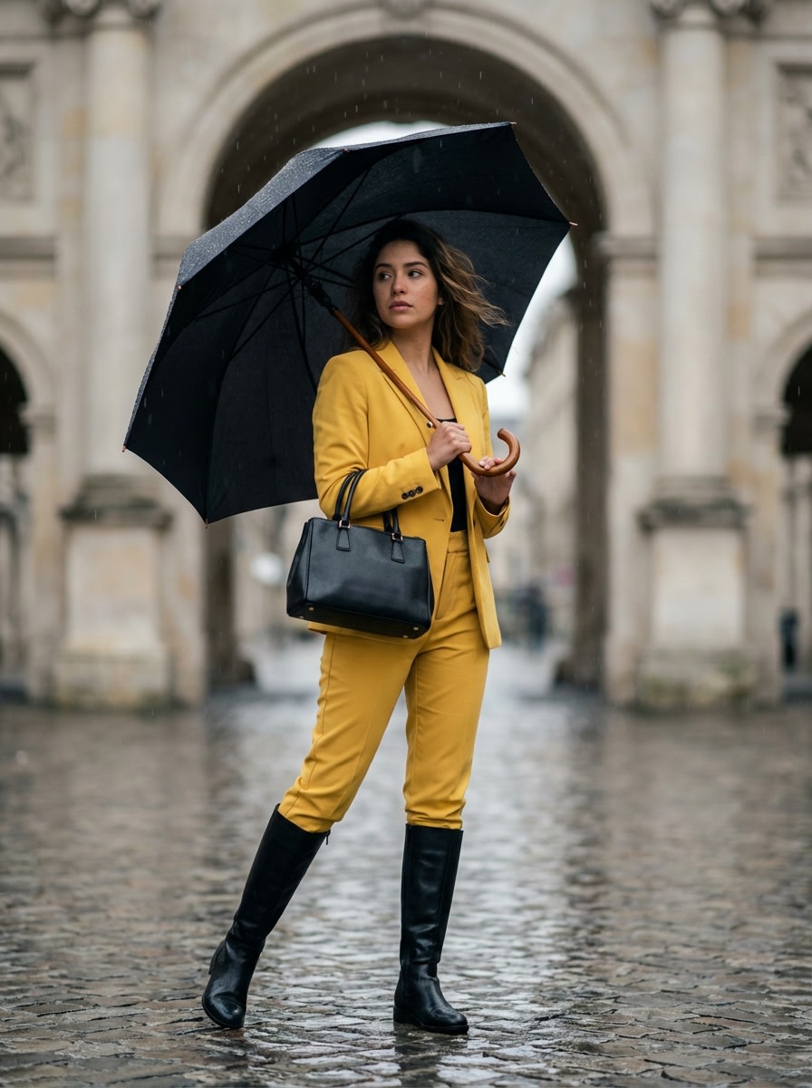Rainy Day Yellow Power Suit Editorial Prompt example 2
