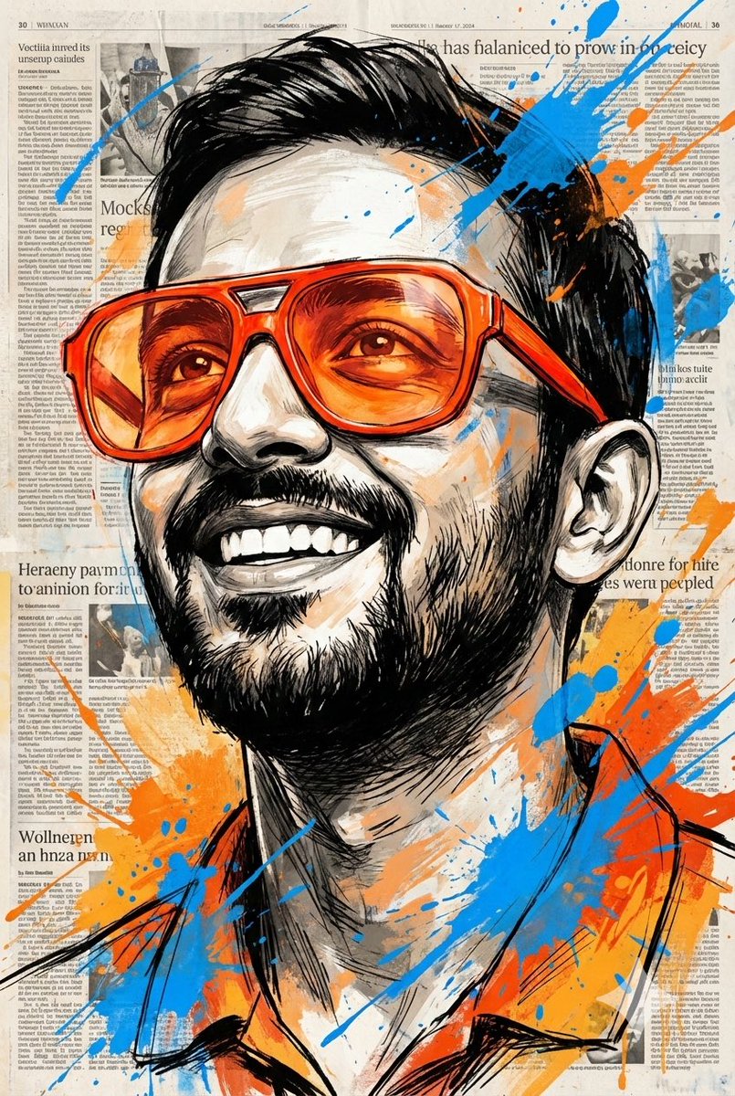 Expressive Portrait with Sketch Strokes and Paint Splashes AI image template preview