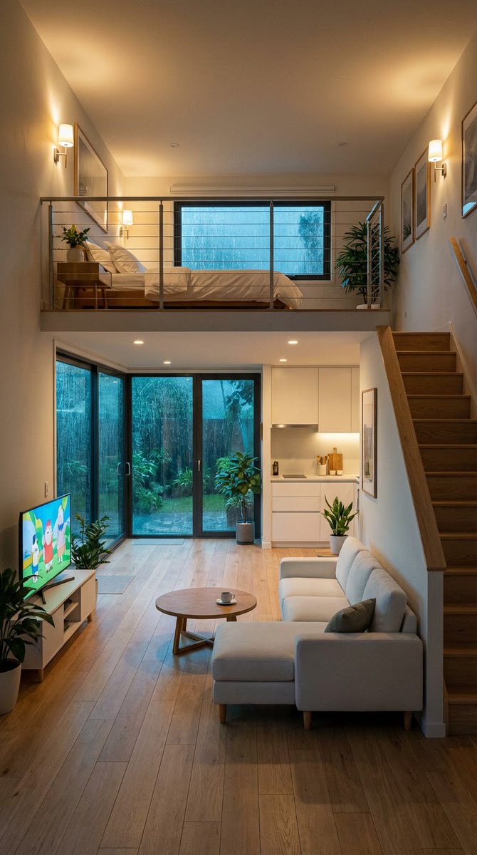 Cozy Split-Level Studio Apartment with Rainy Garden View AI image template preview