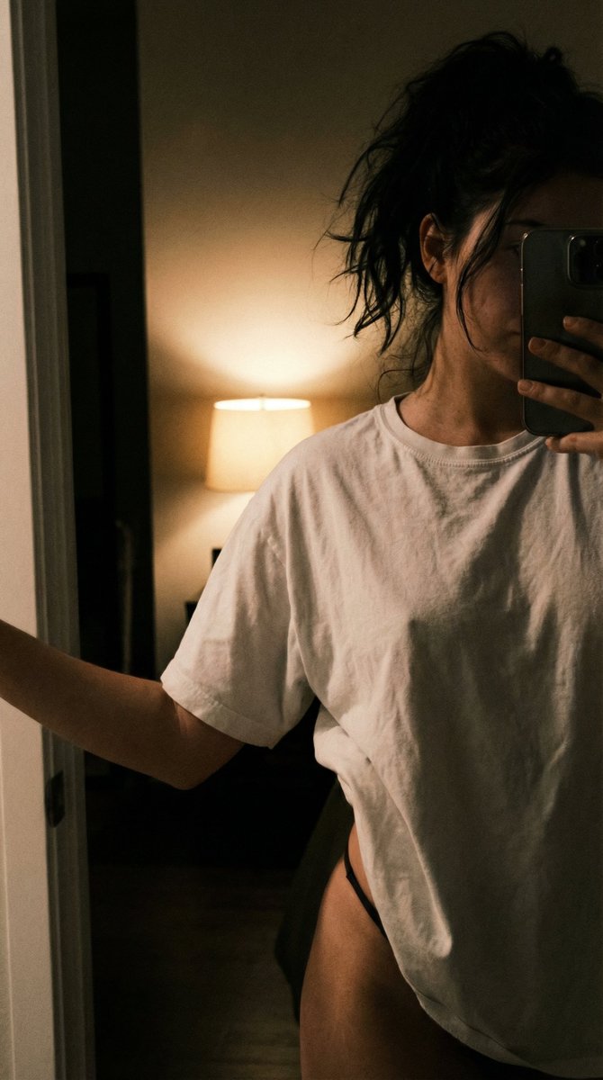 Candid Mirror Selfie in Oversized T-Shirt and Underwear AI image template preview