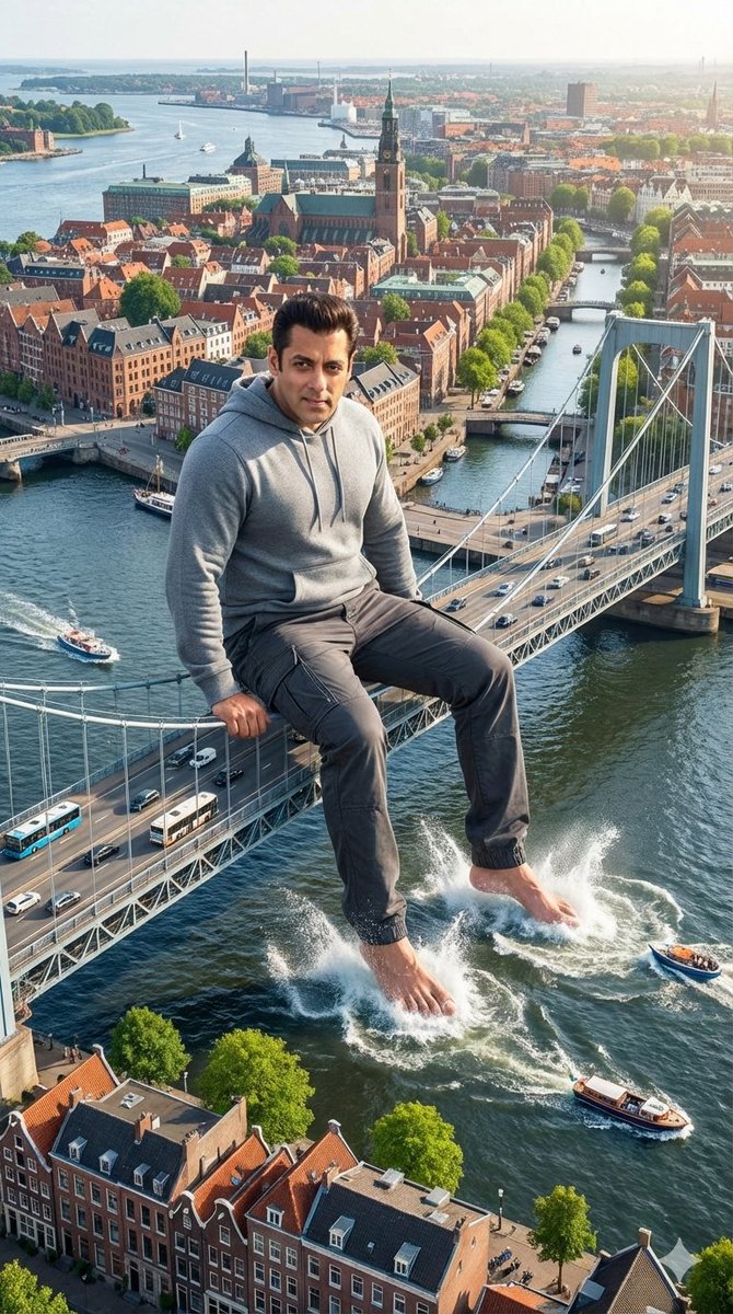 Giant Salman Khan on European Bridge Prompt AI image template preview