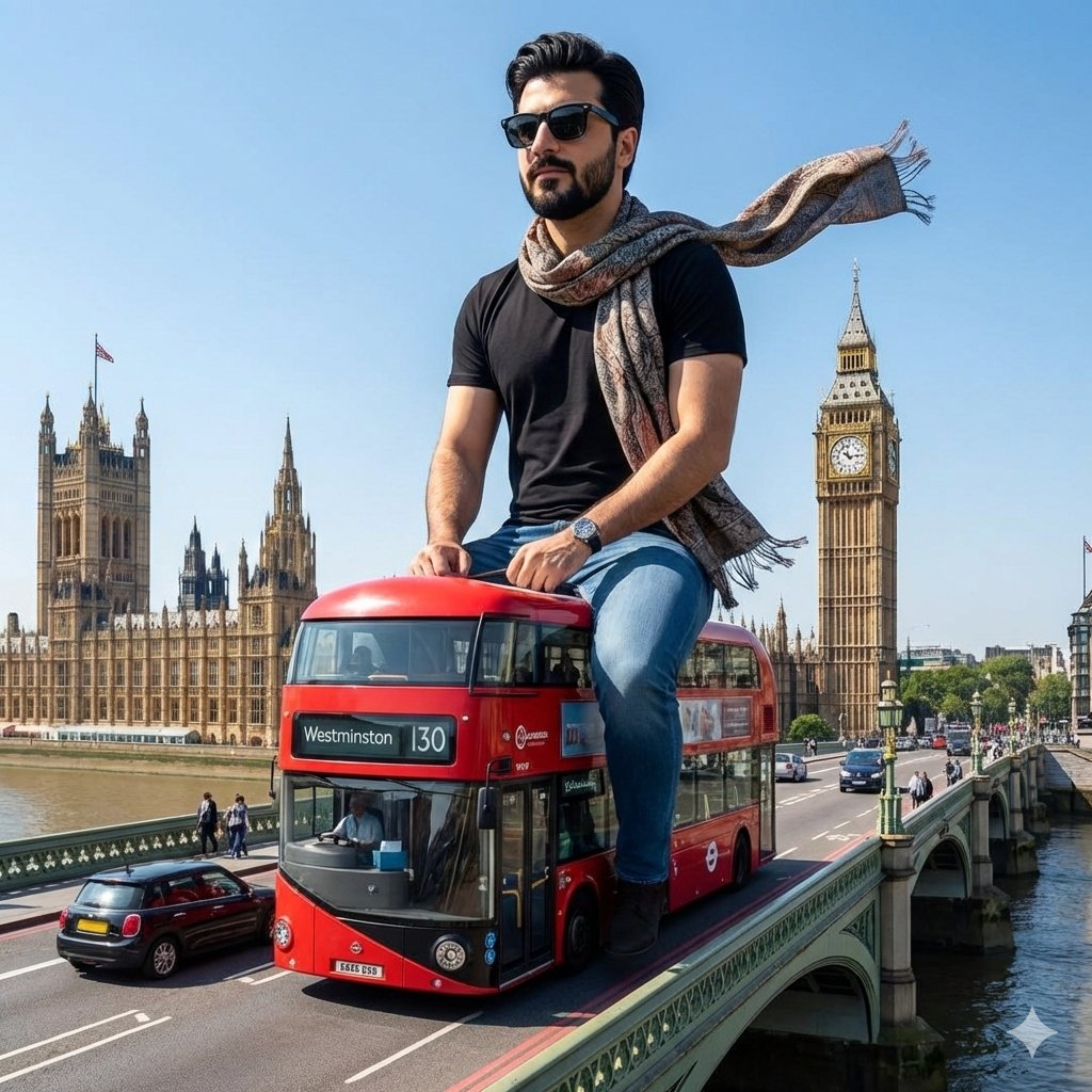 Surreal Giant Man Riding Miniature London Bus AI image template preview