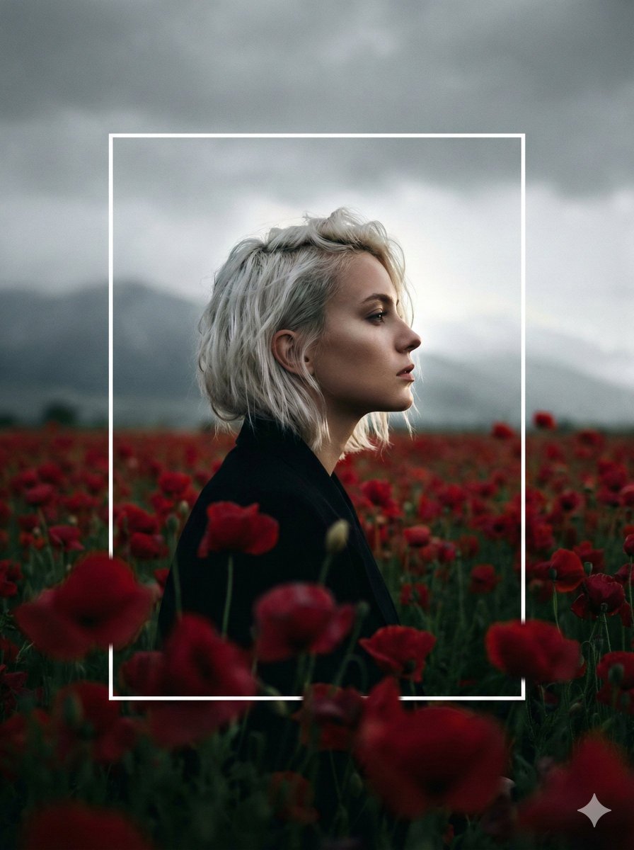 Cinematic Profile Portrait in Crimson Field with Frame Overlay AI image template preview