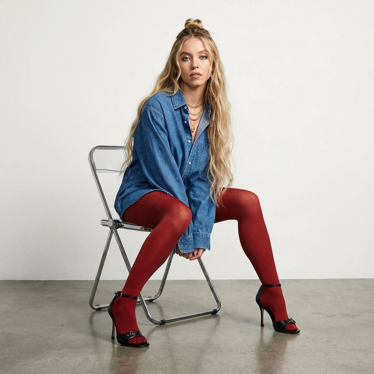 High-Fashion Denim Photoshoot with Ultra-Long Hair AI image template preview