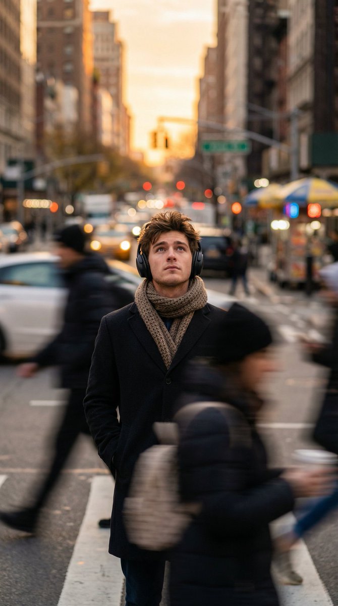Introspective Man in Motion-Blurred City Crowd AI image template preview