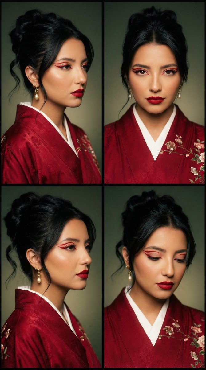 Cinematic Fashion Editorial Grid: Red Kimono & Graphic Liner AI image template preview