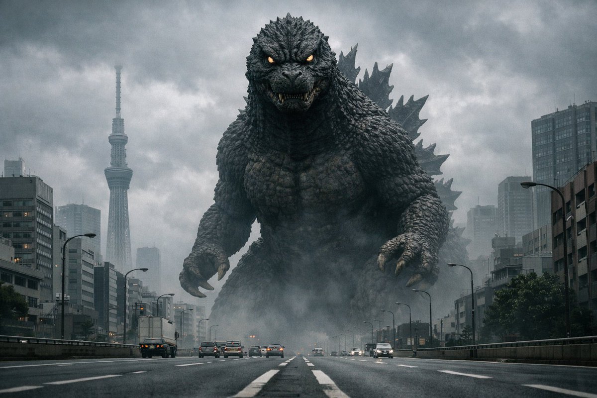 Godzilla in Tokyo Skytree District, 70s Style AI image template preview