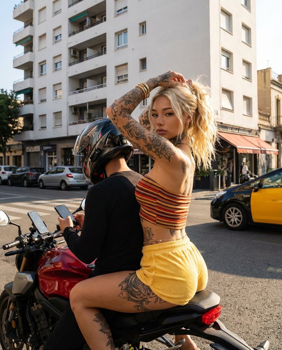 Photorealistic Street Photography of Tattooed Woman on Motorcycle AI image template preview