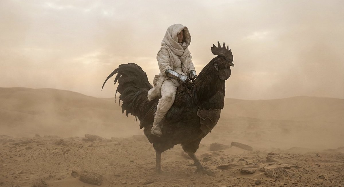 Dune-Inspired Epic Scene with Woman Riding a Giant Rooster AI image template preview