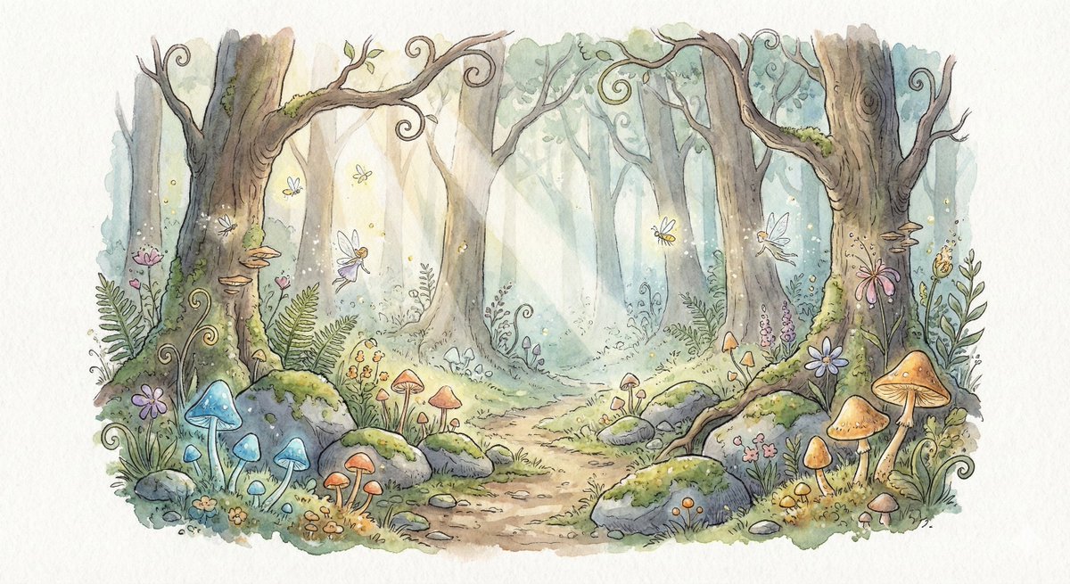Watercolor Illustration of Enchanted Forest Clearing at Dawn AI image template preview