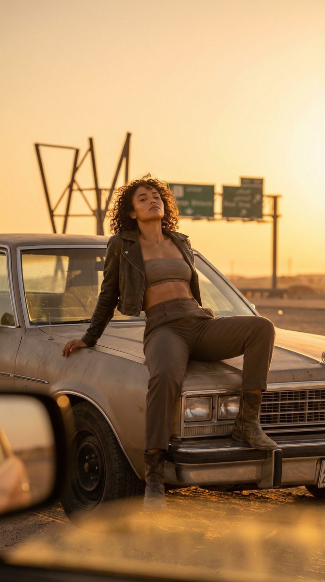 Cinematic Desert Rest Stop Portrait at Golden Hour AI image template preview