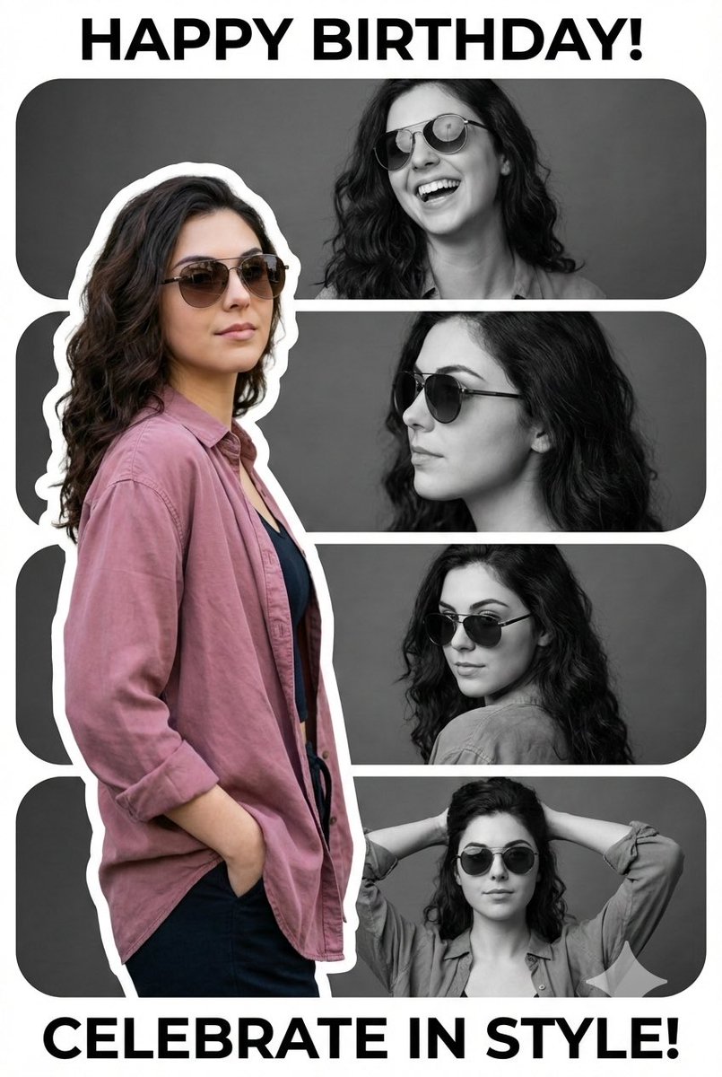Vertical Birthday Poster Collage with Cinematic Monochrome Photos AI image template preview
