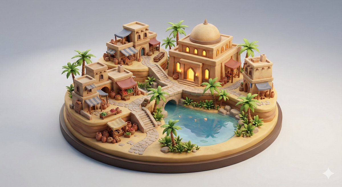 Collectible Miniature Diorama of a Developed Desert Oasis Settlement AI image template preview