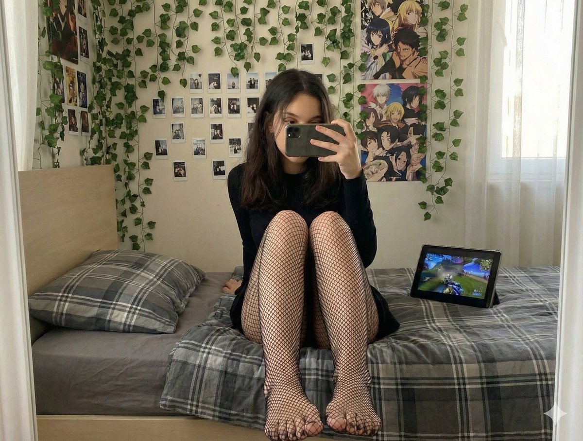 Candid Mirror Selfie with Fishnet Stockings Focus Prompt AI image template preview
