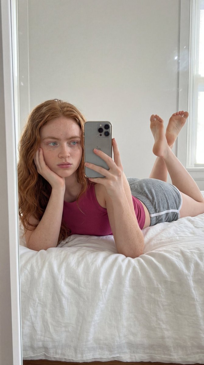 Prone Mirror Selfie with Extreme Realism Prompt AI image template preview