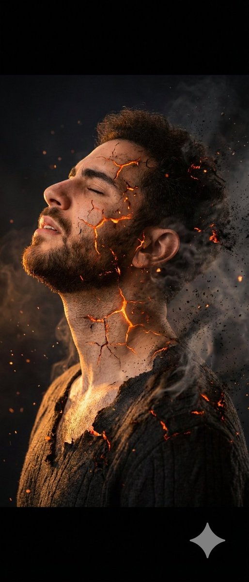 Side Profile Photo of Man in Pain with Molten Fissures AI image template preview
