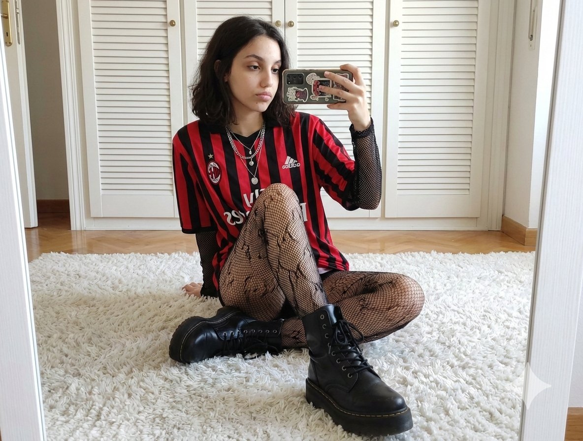 Mirror Selfie Prompt: Sports Jersey and Fishnets AI image template preview