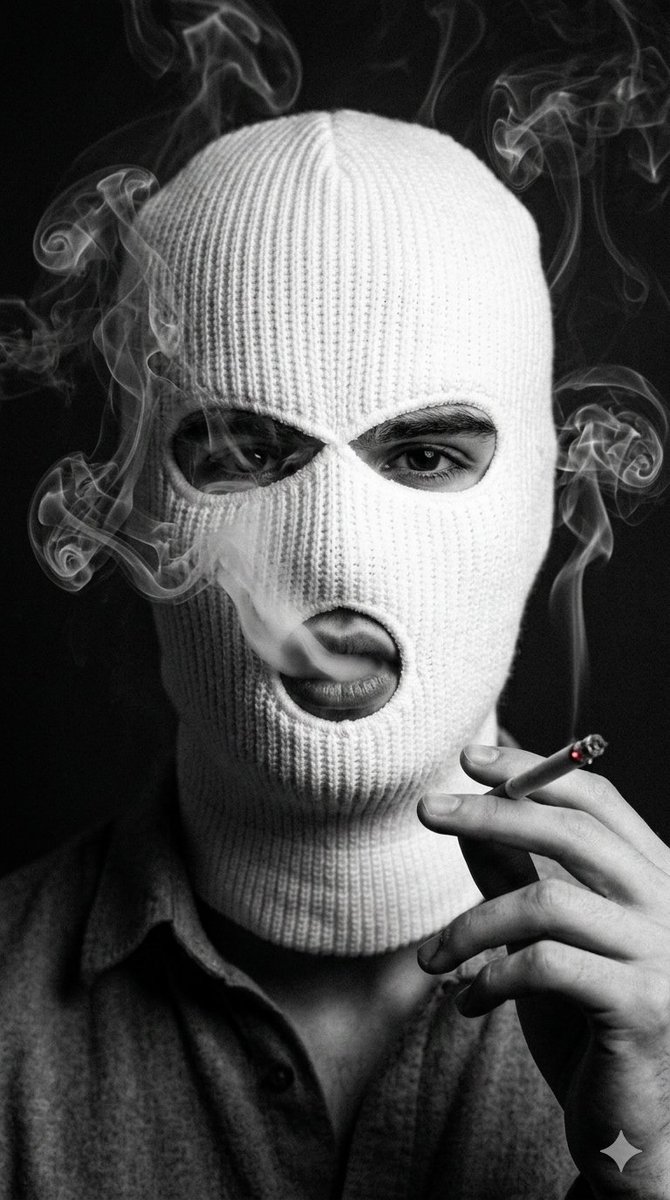 Noir Portrait with Balaclava and Cigarette Smoke AI image template preview