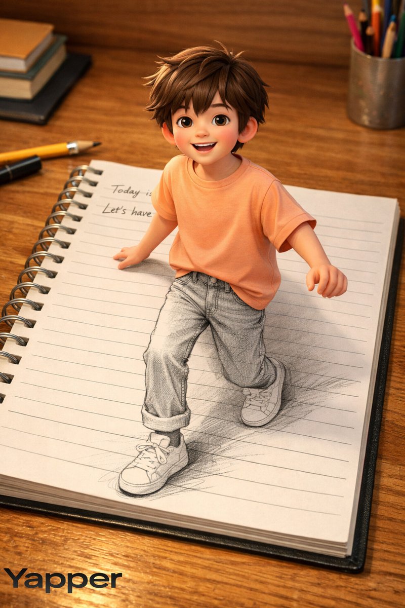 Creative 3D Illusion Artwork of a Boy Stepping Out of a Notebook AI image template preview