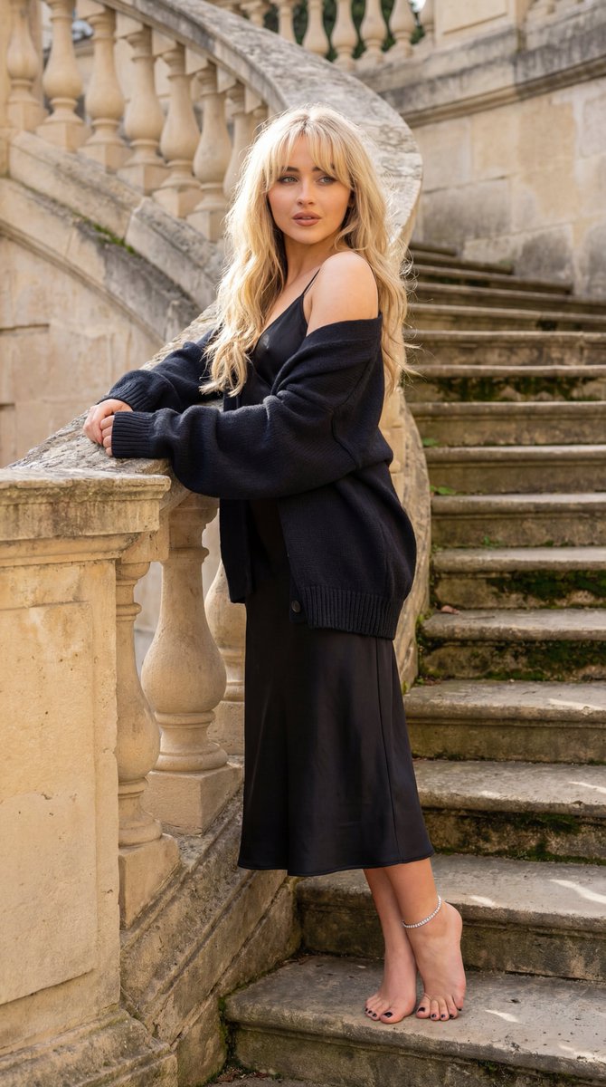 Sabrina Carpenter Neoclassical Stone Staircase Portrait AI image template preview