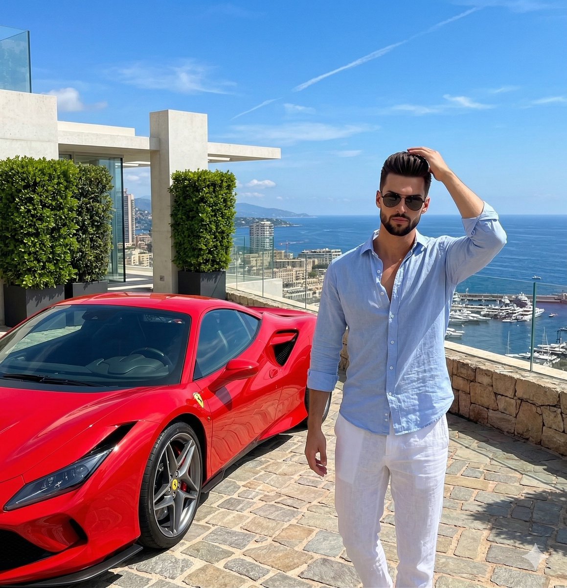 Luxury Lifestyle Photography Prompt: Man with Red Sports Car AI image template preview