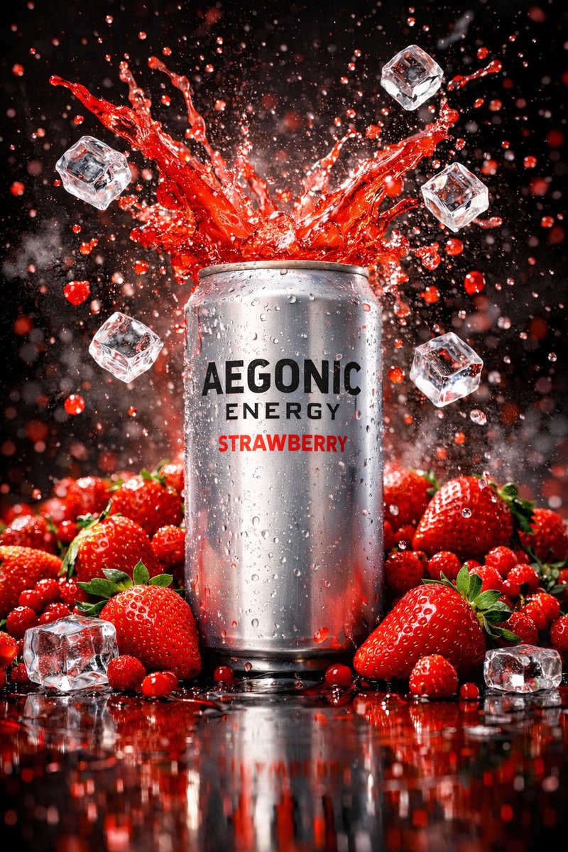 Cinematic Product Photography Prompt: Strawberry Energy Drink Explosion AI image template preview