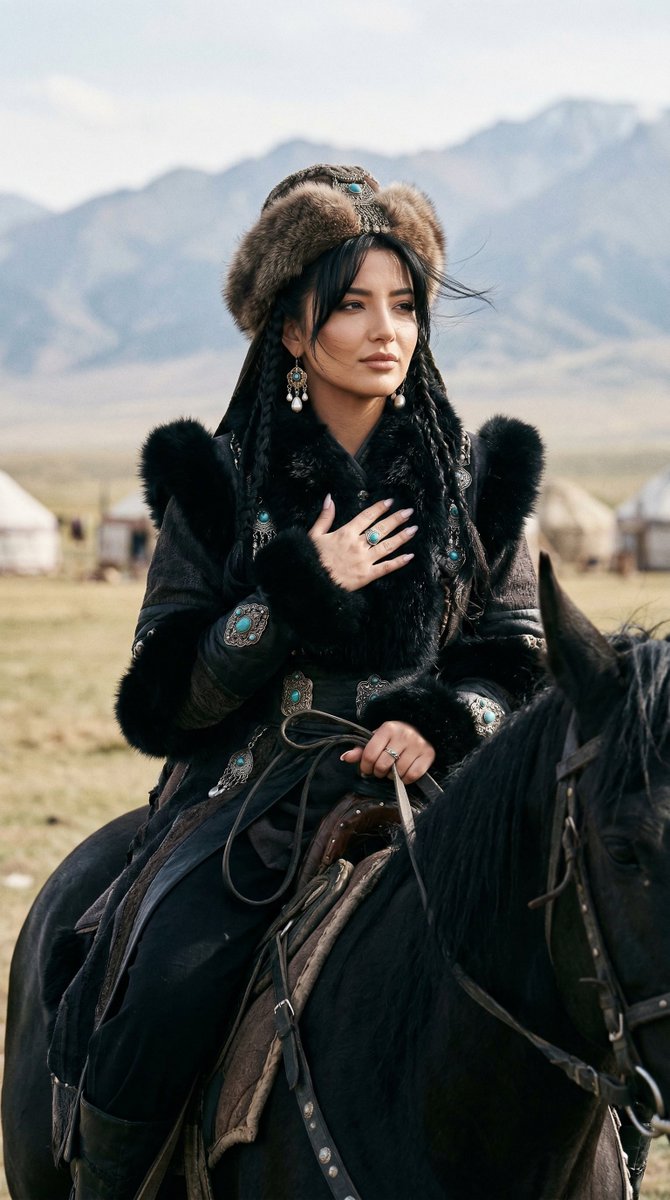 Cinematic Portrait of Old Turkic Noblewoman on Black Horse (Image-to-Image) AI image template preview