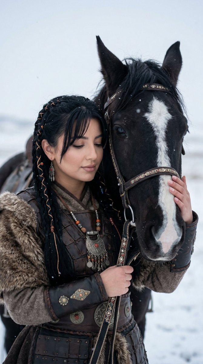 Cinematic Portrait of Ancient Turkic Woman and Horse in Snow AI image template preview