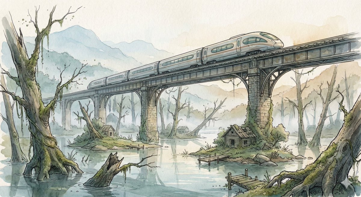 Fantasy Watercolor Illustration of an Elevated Rail Bridge over Flooded Forest AI image template preview