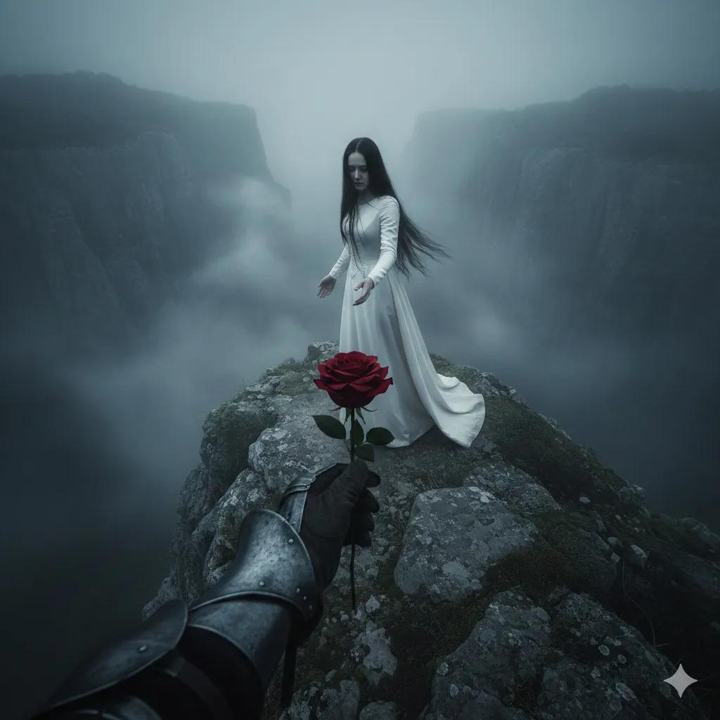Haunting Cinematic Cliff Scene with Red Rose AI image template preview