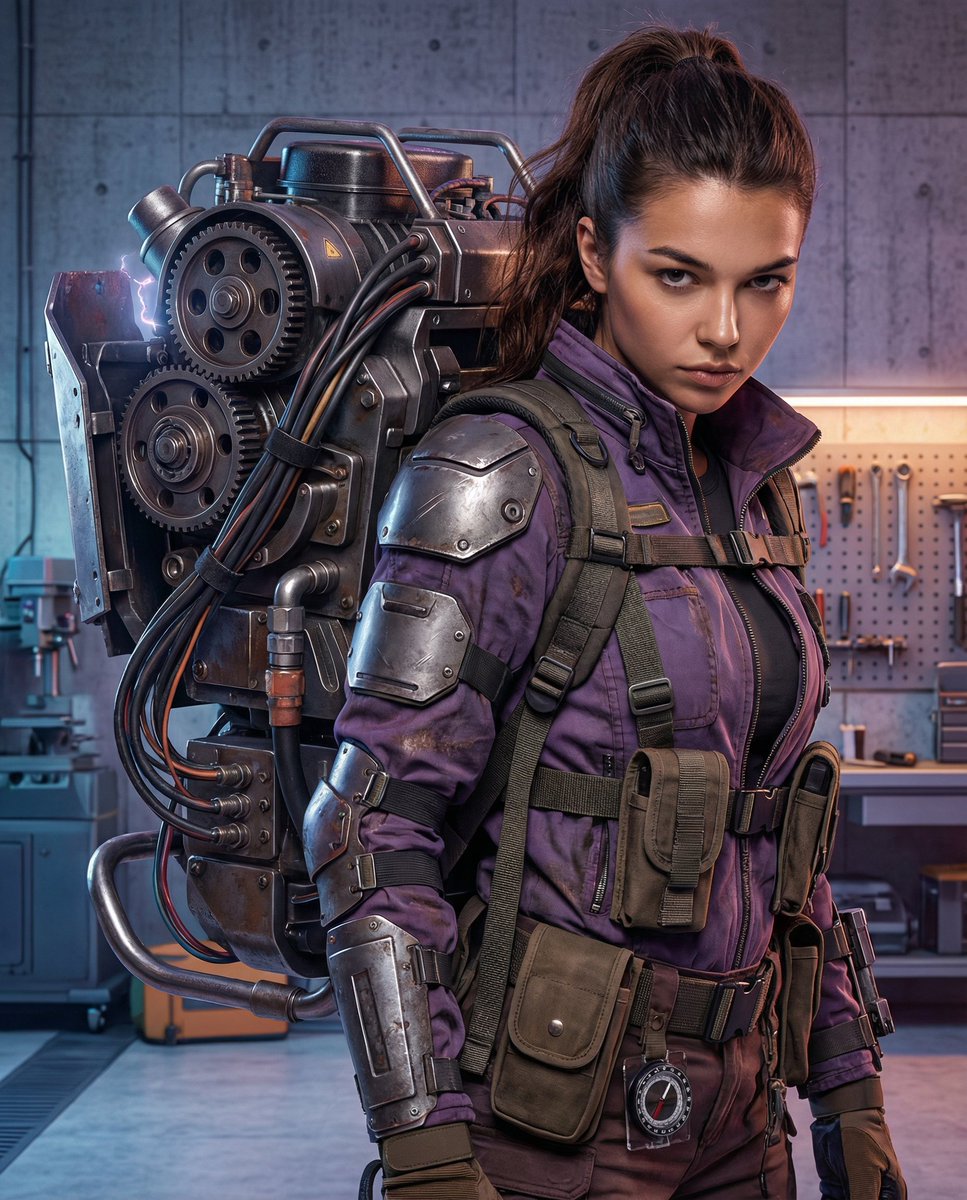Cyberpunk Mechanic with Massive Exosuit Backpack AI image template preview