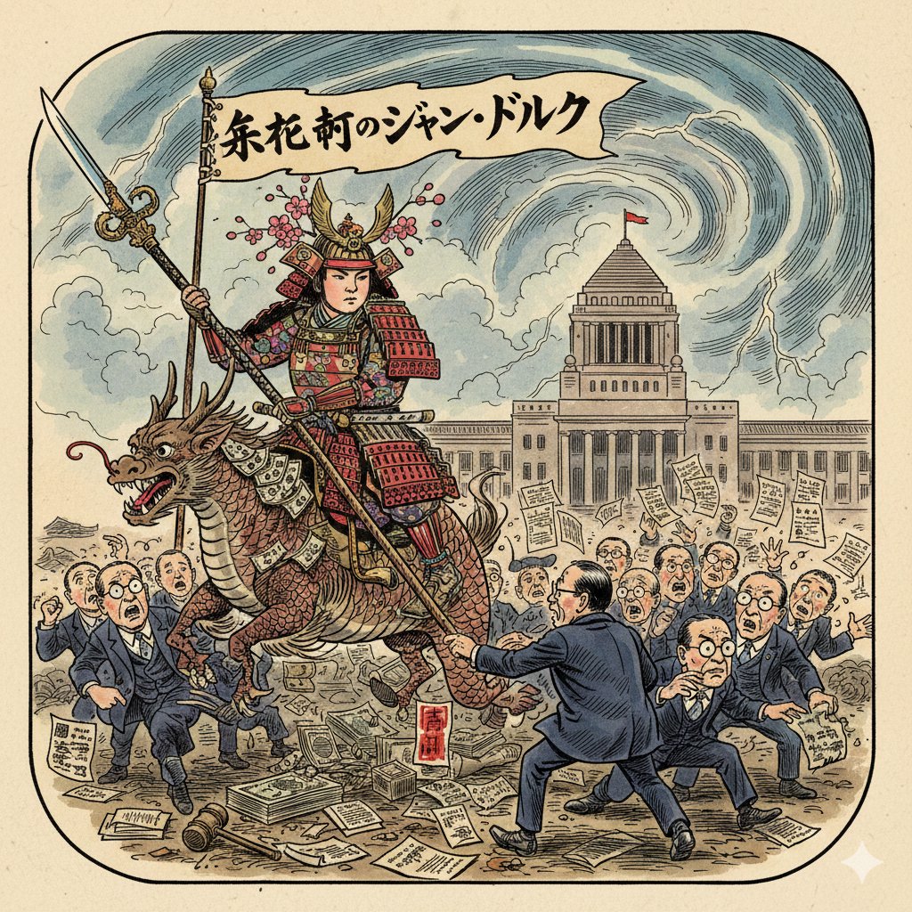 Image generation prompt for Nano Banana Pro: Caricature of Joan of Arc in Nagatacho AI image template preview