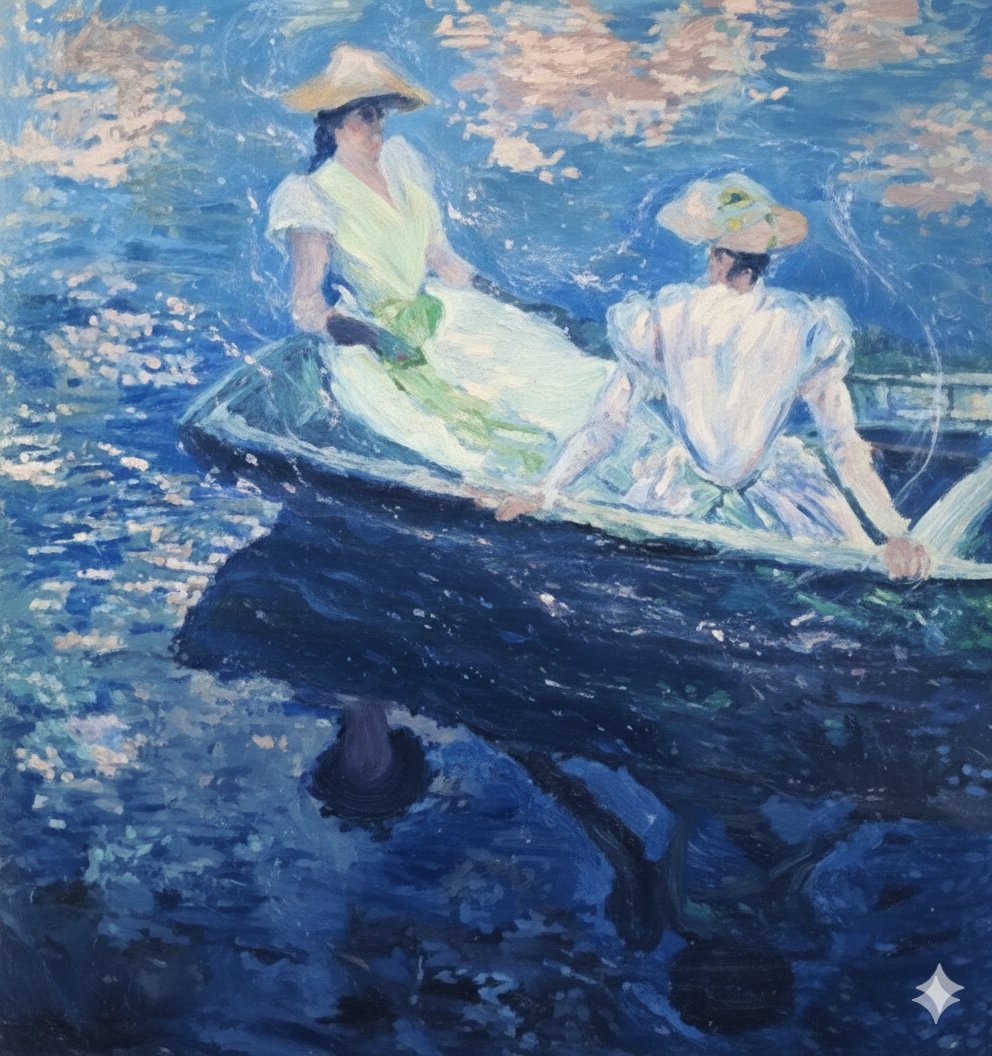 Image generation prompt for Nano Banana Pro: Monet's 'Boating' in an ethereal style AI image template preview