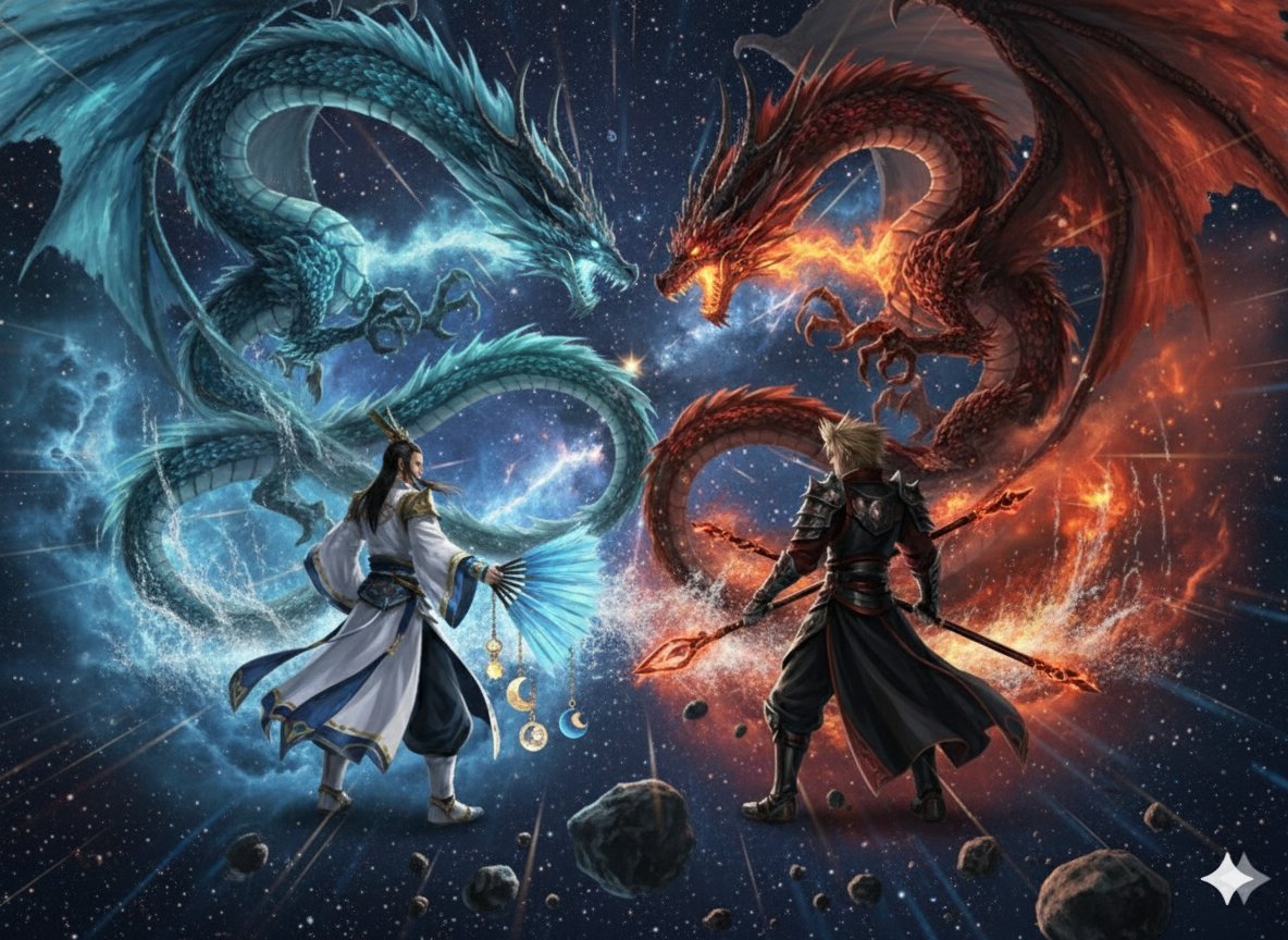 Image generation prompt for Nano Banana Pro: Zhuge Liang vs. Sima Yi in a Final Fantasy X style cosm AI image template preview