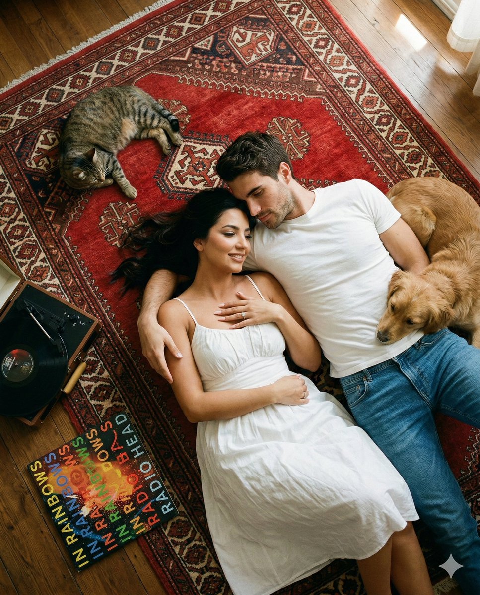 Top-Down Cinematic Couple Portrait on a Turkish Rug (Image-to-Image) AI image template preview
