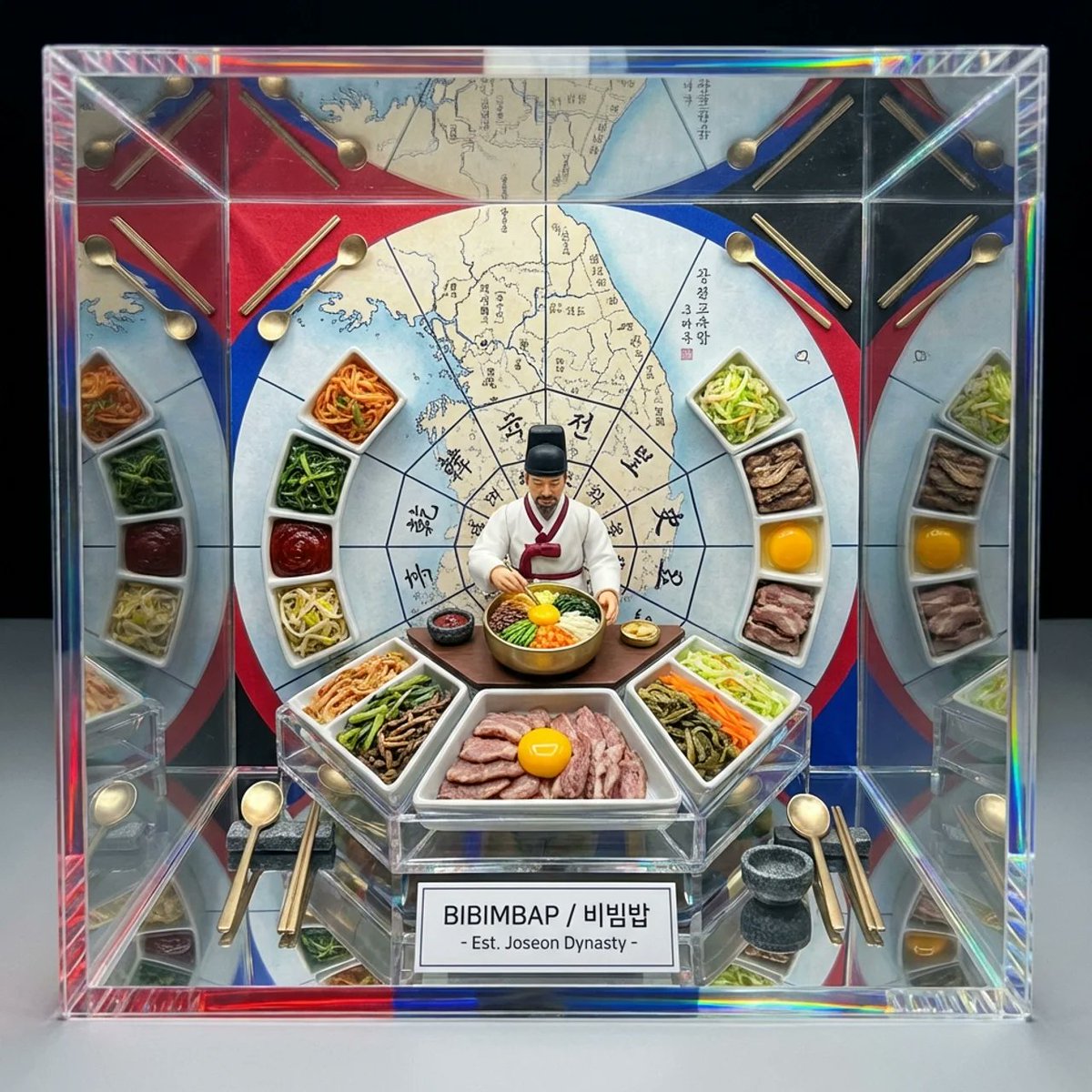 Kaleidoscopic Food Diorama in Acrylic Box AI image template preview
