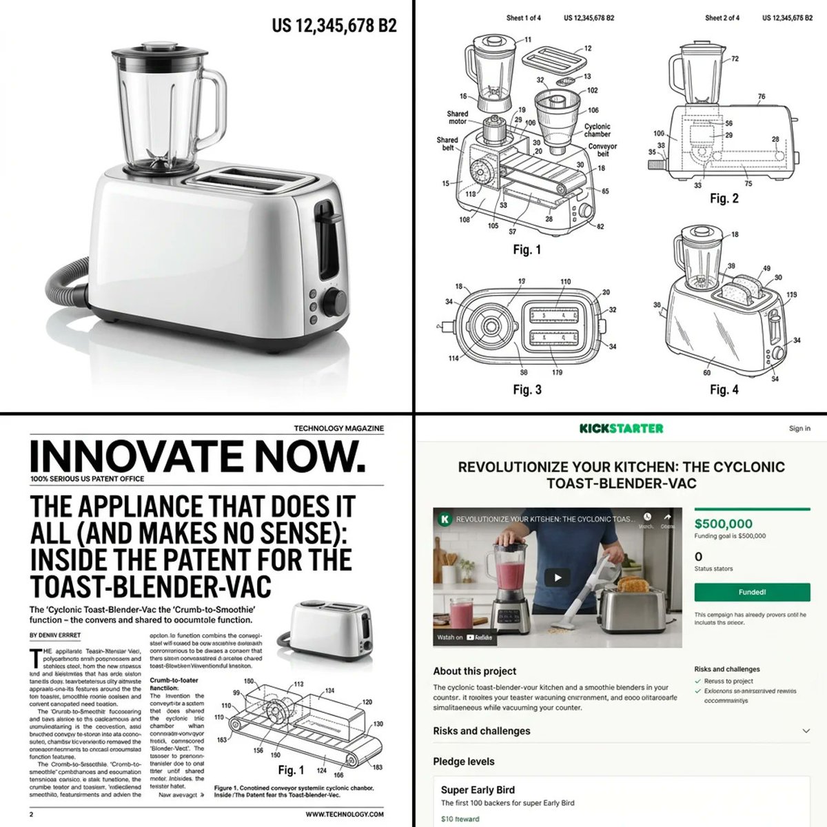 Multi-step prompt for generating absurd patent documents and product renders AI image template preview