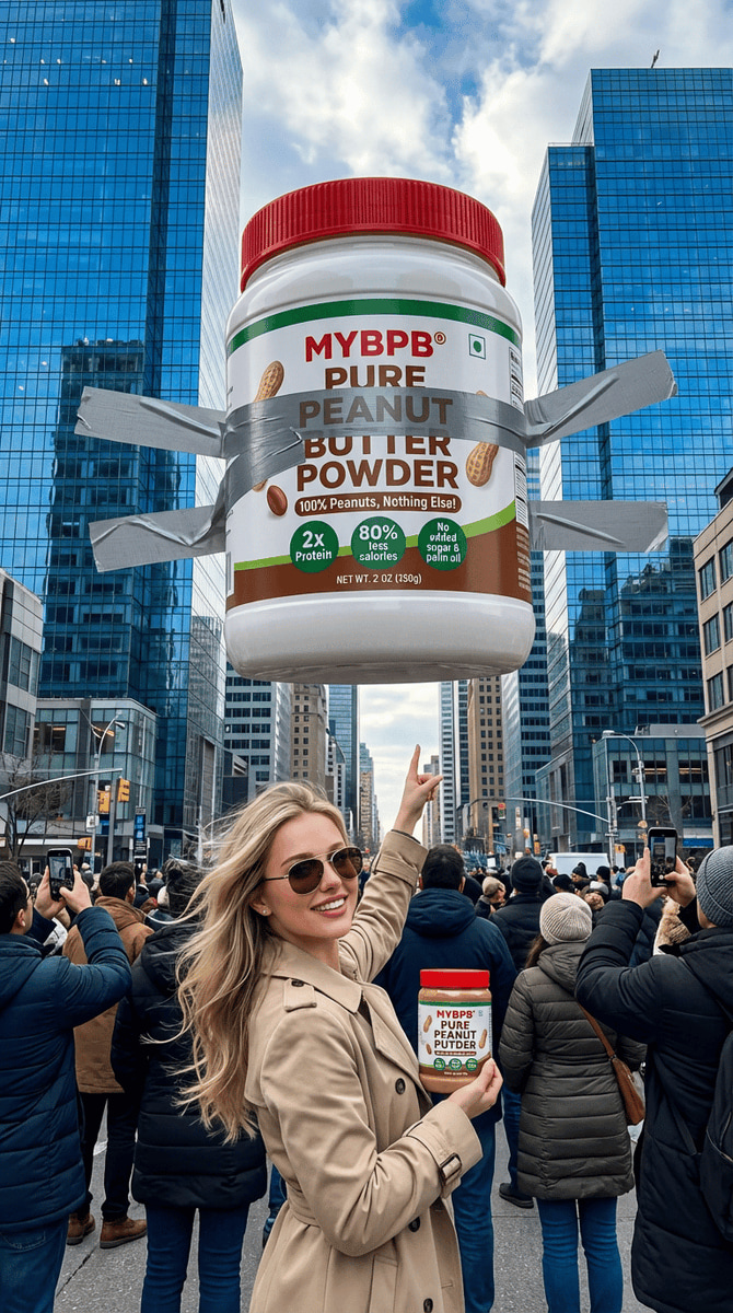 Surreal Giant Product Installation on Skyscraper AI image template preview