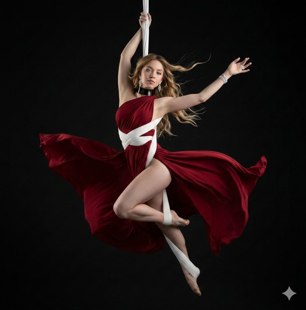 Dramatic Aerial Silk Artist in Red Dress AI image template preview