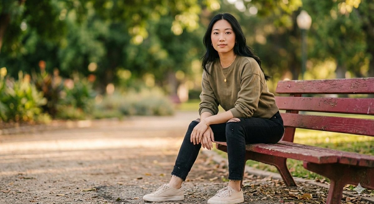 Fashionable Young Woman in Park Setting Prompt AI image template preview
