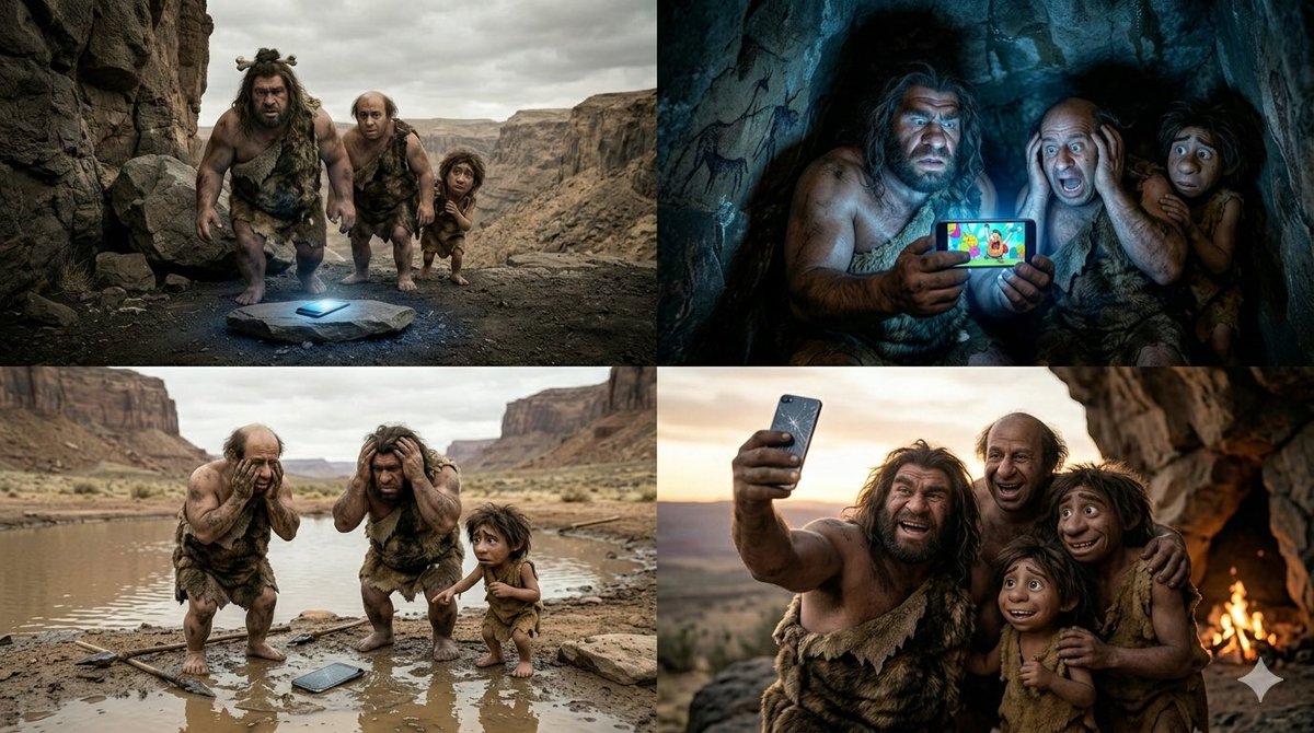 Funny 4-Part Story: Primitive Men and a Mobile Phone AI image template preview