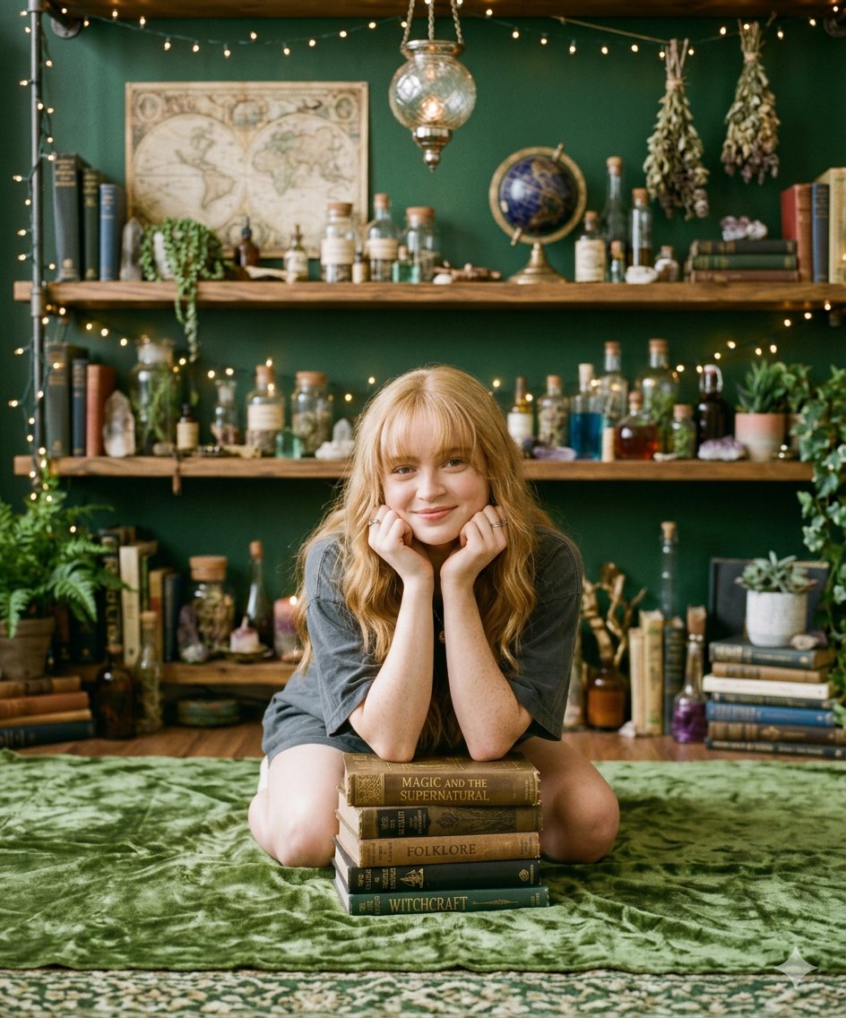 Cozy Portrait of Girl with Mystical Objects and Vintage Books AI image template preview