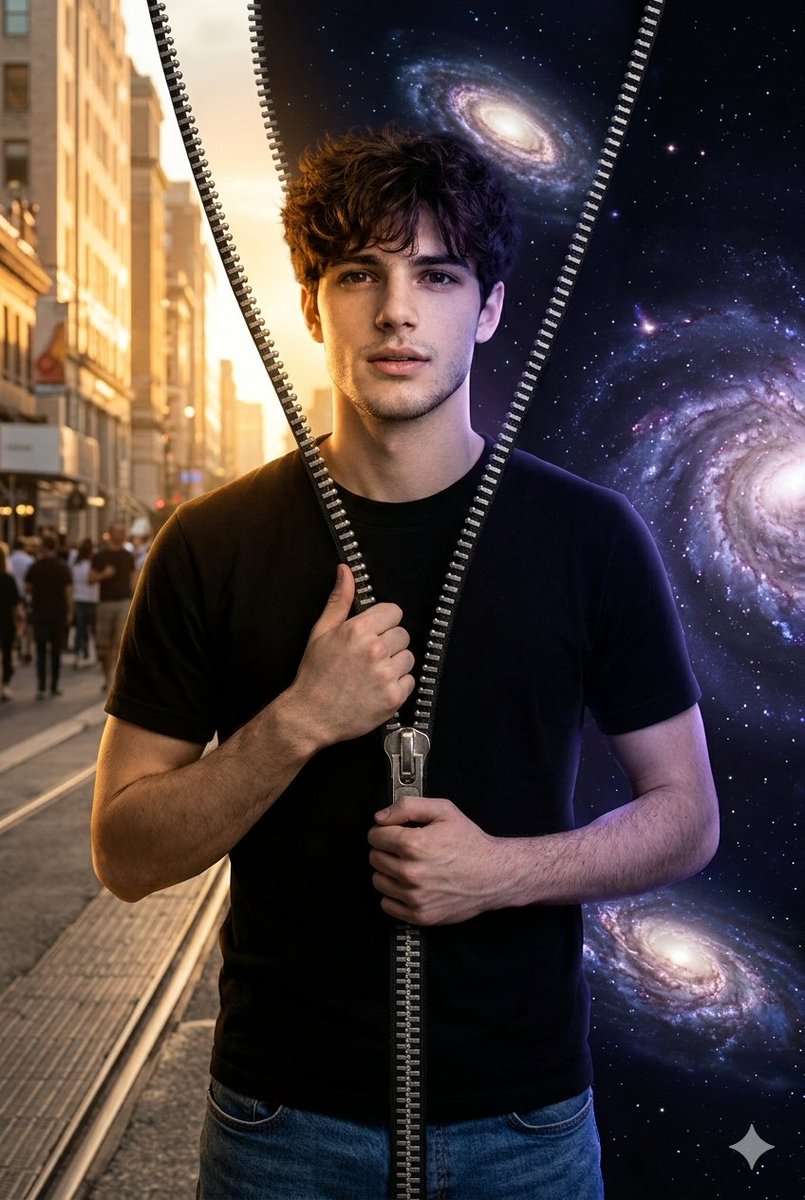 Conceptual Portrait of Man Zipping Reality Open to Cosmic Void AI image template preview