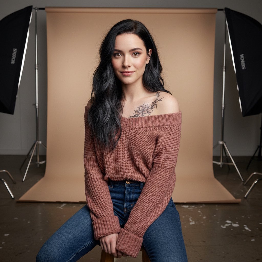 Studio Portrait with Tattoo and Chunky Knit Sweater Prompt AI image template preview