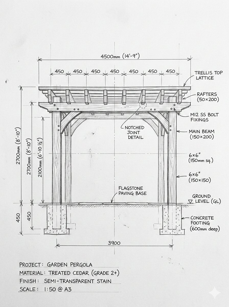 Pergola Blueprint to Photoreal Structure Prompt AI image template preview