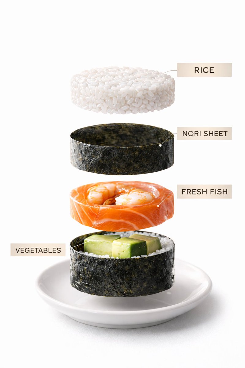 Sushi Commercial Photography and Exploded Diagram Prompt AI image template preview