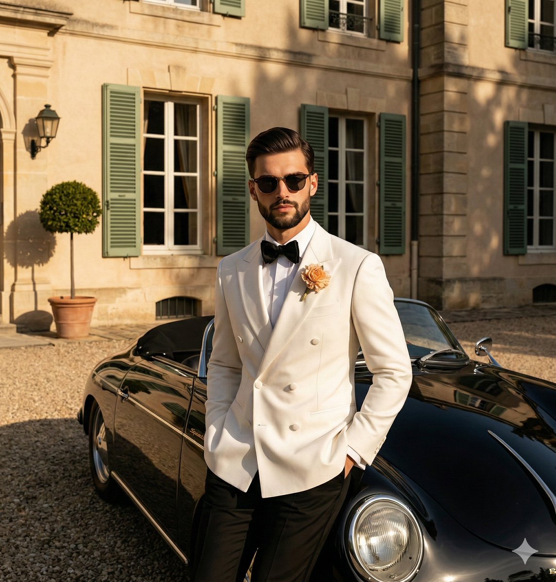 High-Contrast Editorial Portrait Prompt (Car/Tuxedo) AI image template preview