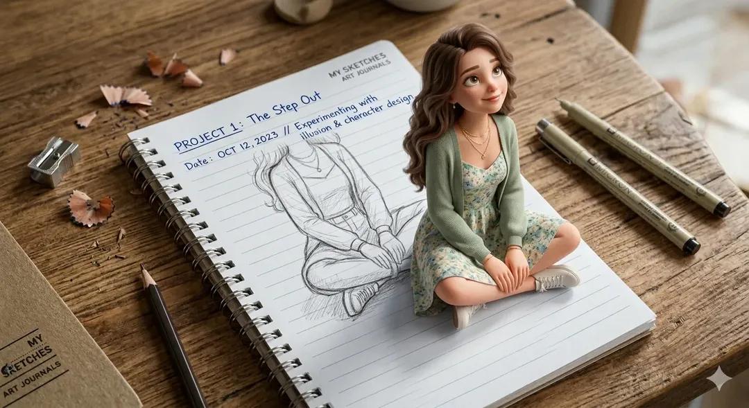3D Pop-Out Illusion Artwork of a Girl from a Notebook example 2