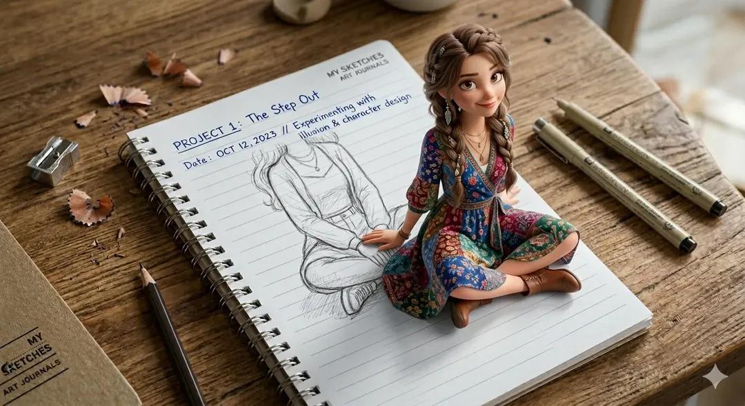 3D Pop-Out Illusion Artwork of a Girl from a Notebook example 3